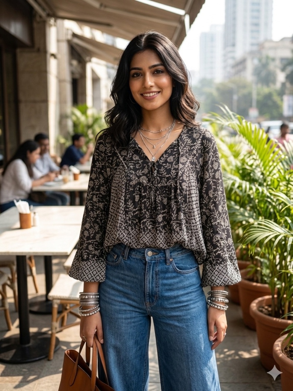 Lucky Brand Peasant Feminine Black and Cream Boho Printed Blouse